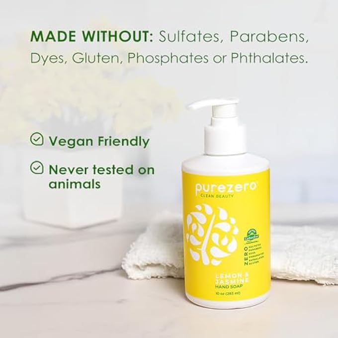 Purezero LEMON & JASMINE HAND SOAP REFRESHING CITRUS SCENT, MOISTURIZING & SULFATE-FREE, VEGAN LIQUID HAND WASH, FORMULATED WITHOUT PARABENS, CRUELTY-FREE, 10 OUNCES (1 PACK) - Image 2